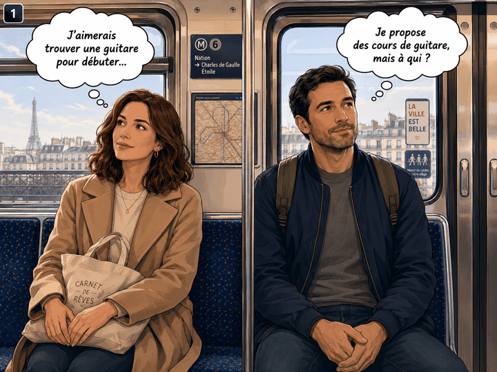 Animation expliquant le concept OnMatche dans le métro : deux personnes découvrent qu’elles peuvent se rendre service.